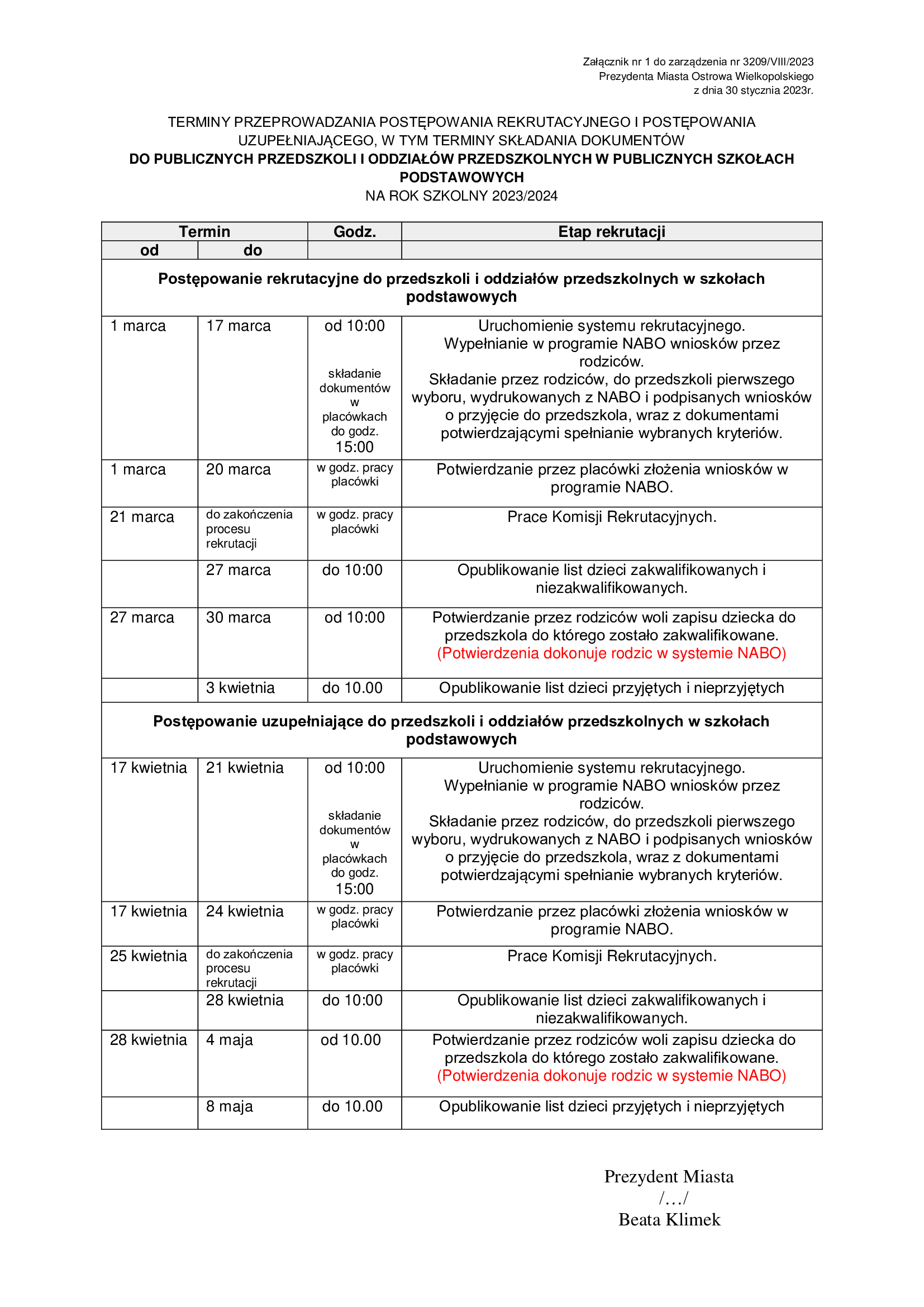 Harmonogram rekrutacji 2023/2024 Publiczne Przedszkole nr 17 im